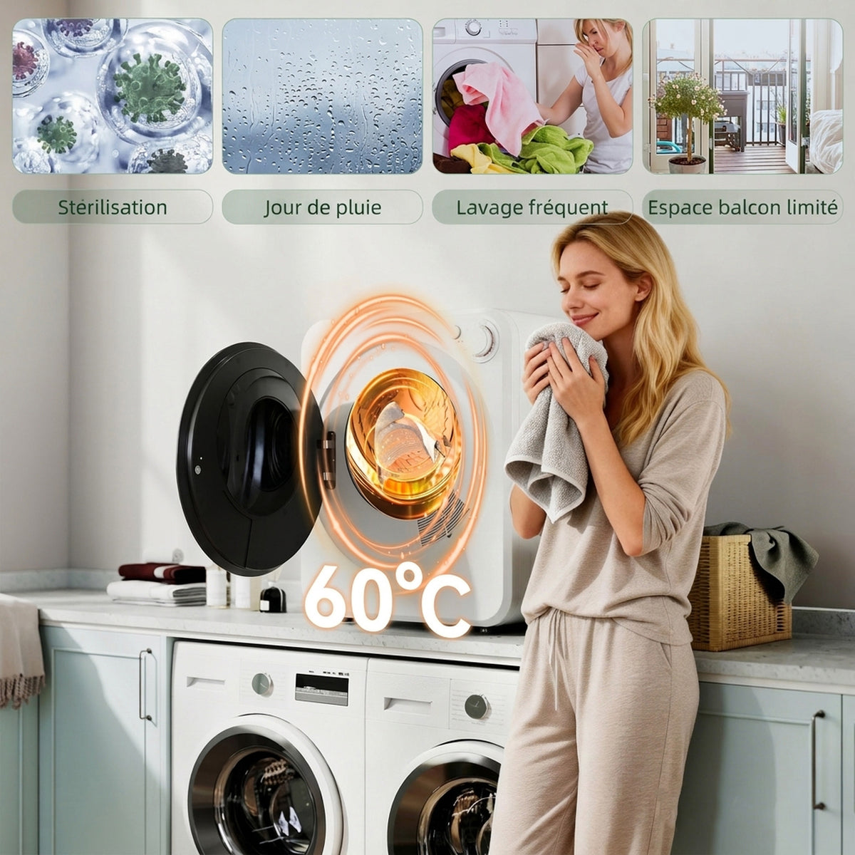 Sèche-linge à évacuation portable 2,5 Kg, sèche-linge électrique 400/800 W, 5 modes de séchage, 48 x 44 x 57 cm, blanc-5