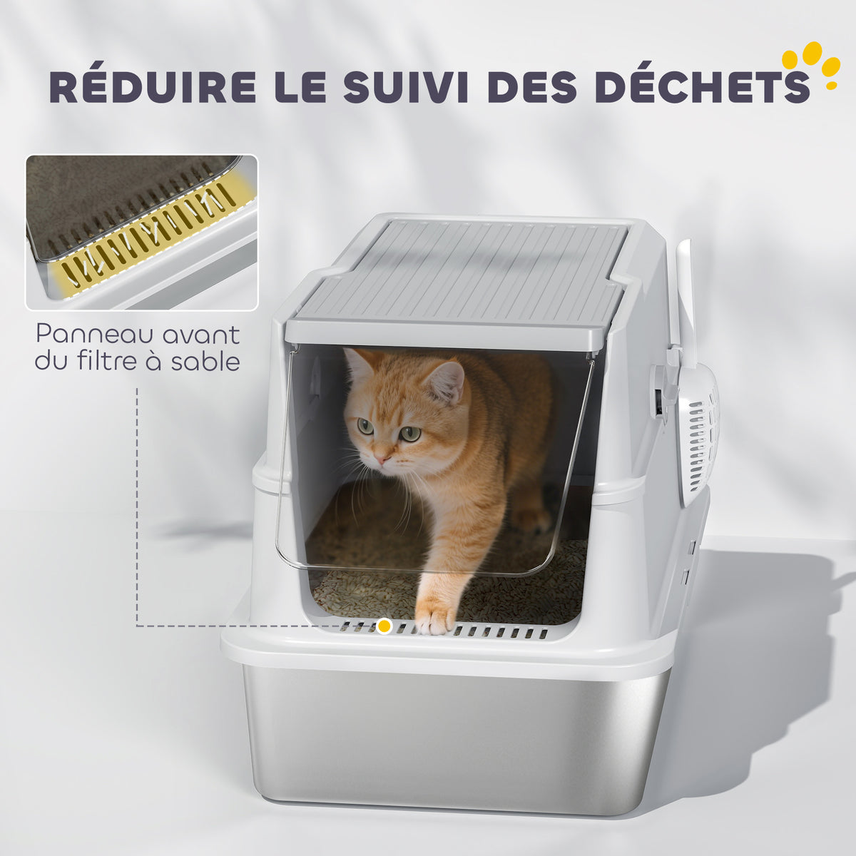 Bac à litière fermé XL en acier inoxydable, maison de toilette pour grand chat, 60,2 x 40,2 x 43,3 cm, gris clair-7