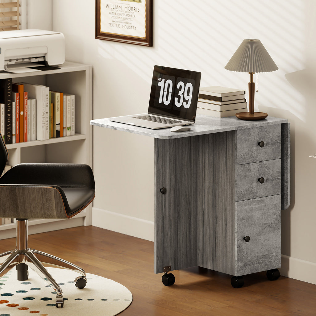 Table de cuisine pliable table à manger pliante 2 plateaux rabattables avec 2 tiroirs 1 placard et 1 étagère de rangement 120 x 60 x 76,5 cm - gris-7