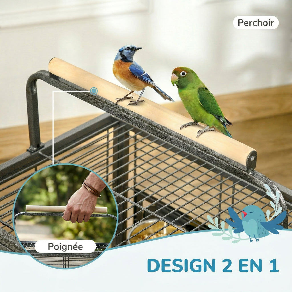 Cage de transport en acier pour perroquets, cage à oiseaux avec 2 bols en acier inoxydable, 2 perchoirs, plateau, noir-8