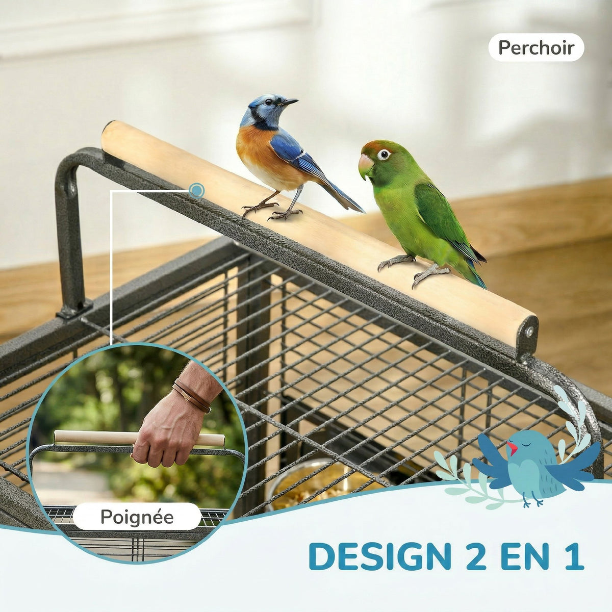 Cage de transport en acier pour perroquets, cage à oiseaux avec 2 bols en acier inoxydable, 2 perchoirs, plateau, noir-8