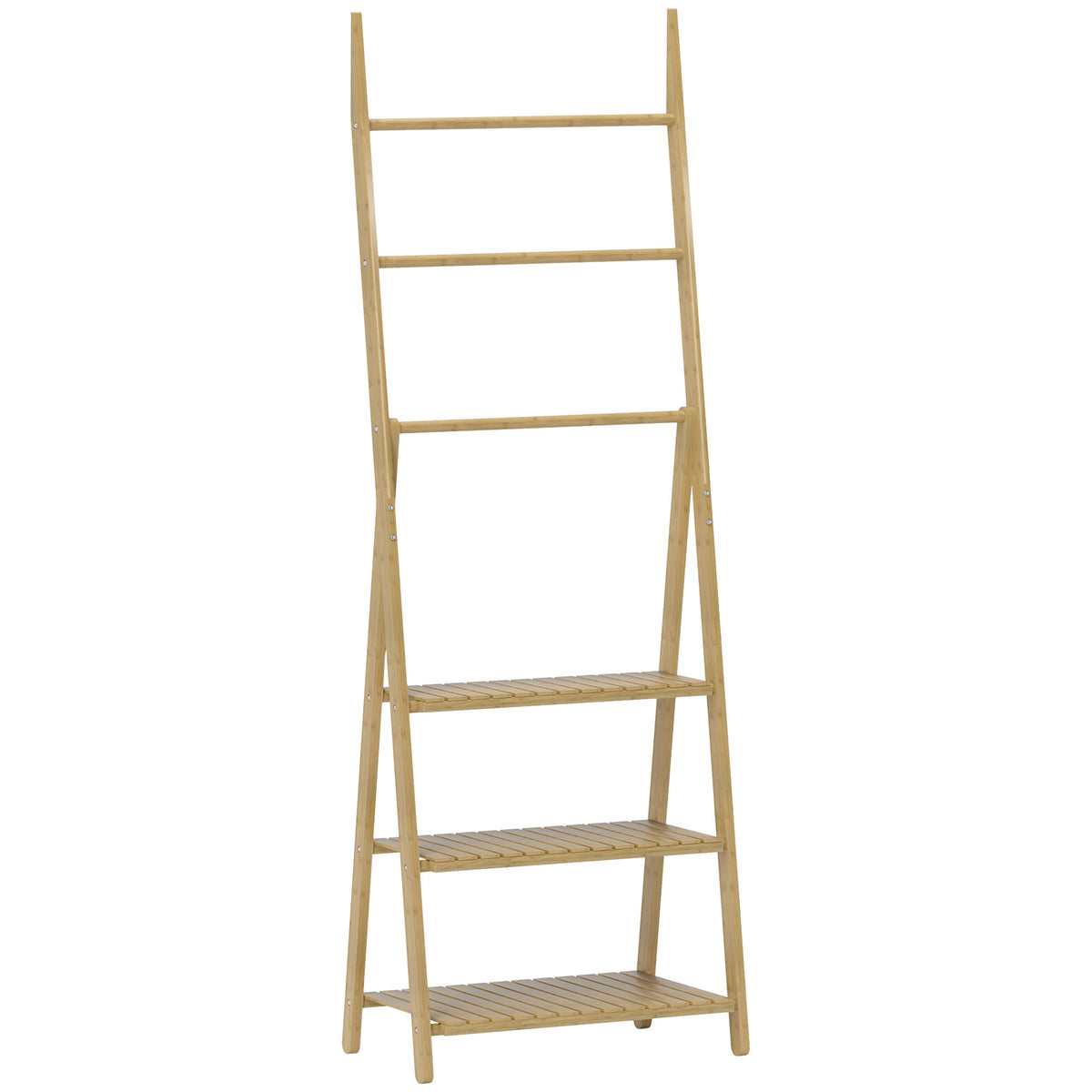 Étagère salle de bain en bambou pliable 3 niveaux étagère à échelle porte-serviettes 53,5x30x153cm effet bois naturel-0