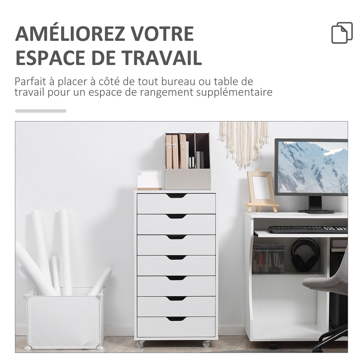 Caisson de bureau à roulette meuble rangement bureau avec 7 tiroirs organisateur pour documents, format A4 ou lettres-3