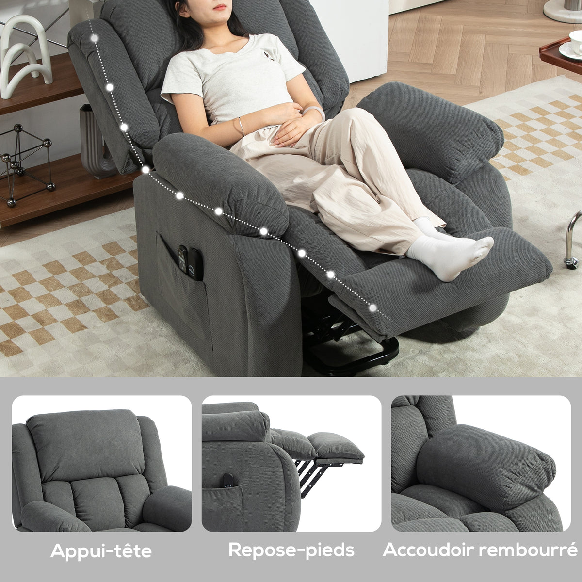 Fauteuil releveur électrique massage et chauffage avec repose-pied, dossier inclinable, télécommande et poche latérale-7