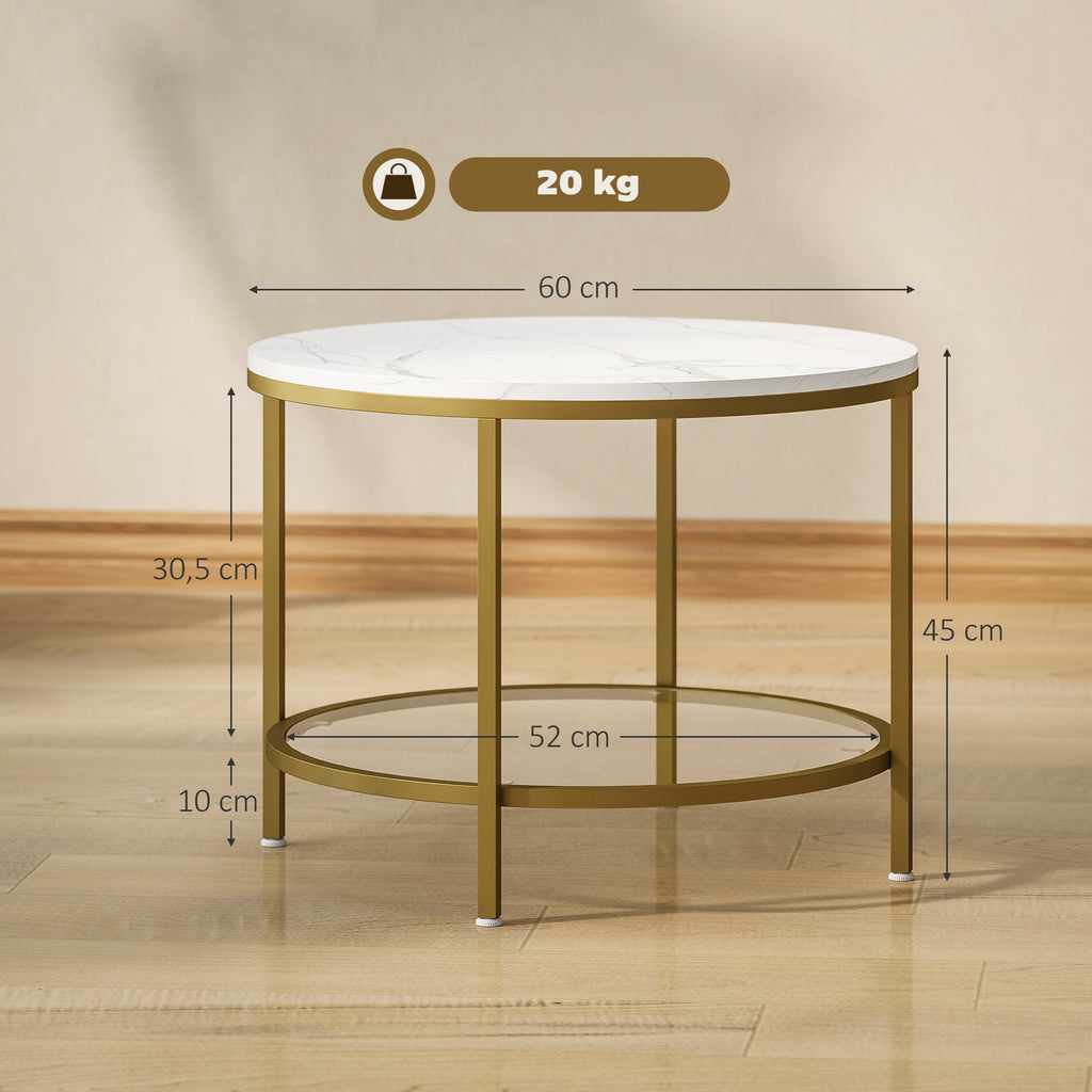 Table basse salon ronde moderne à 2 niveaux plateau effet marbre et étagère en verre trempé, Ø 60 x 45 cm, blanc et doré-2