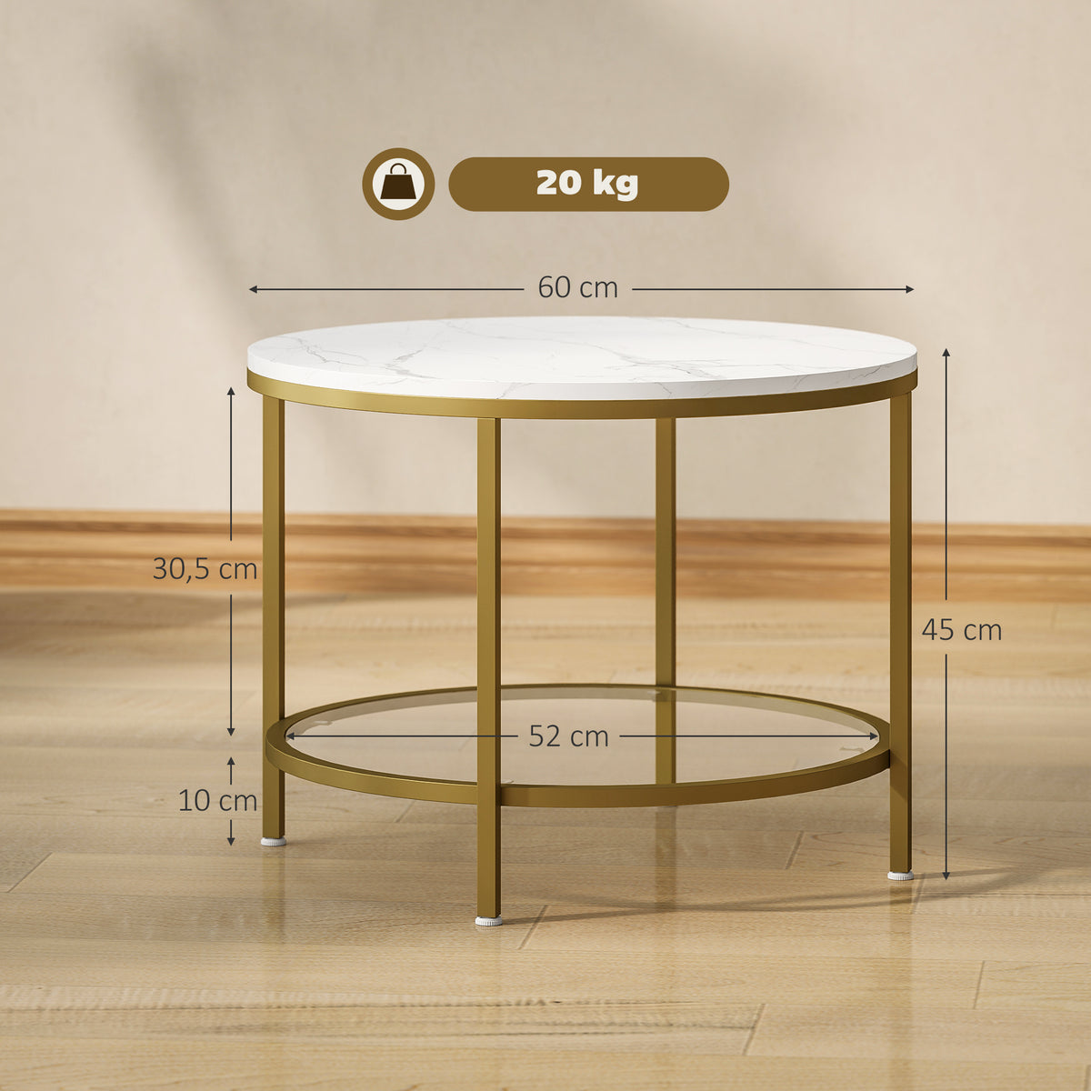 Table basse salon ronde moderne à 2 niveaux plateau effet marbre et étagère en verre trempé, Ø 60 x 45 cm, blanc et doré-2