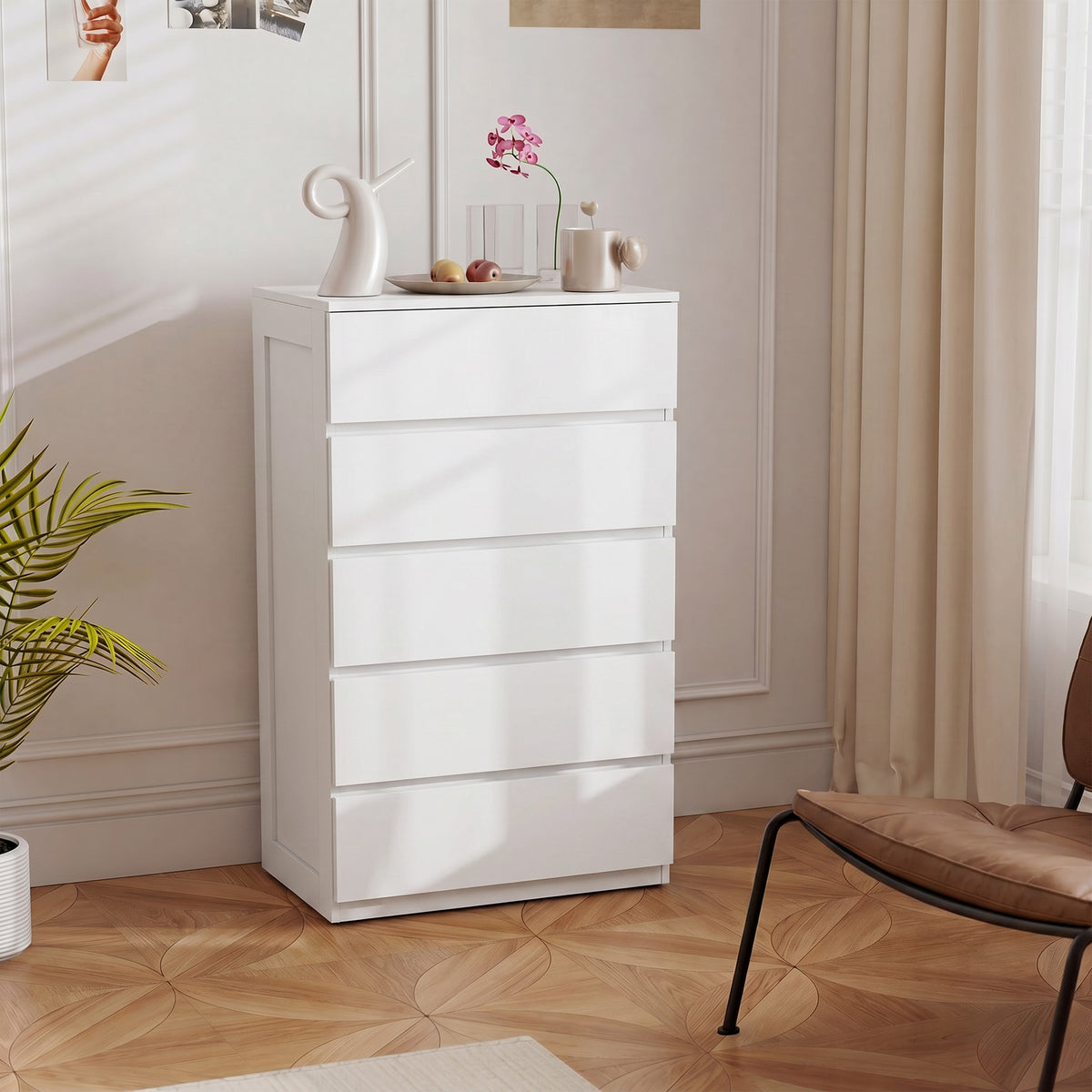Commode 5 tiroirs meuble de rangement sans poignées design minimaliste 60 x 39 x 100 cm blanc-3