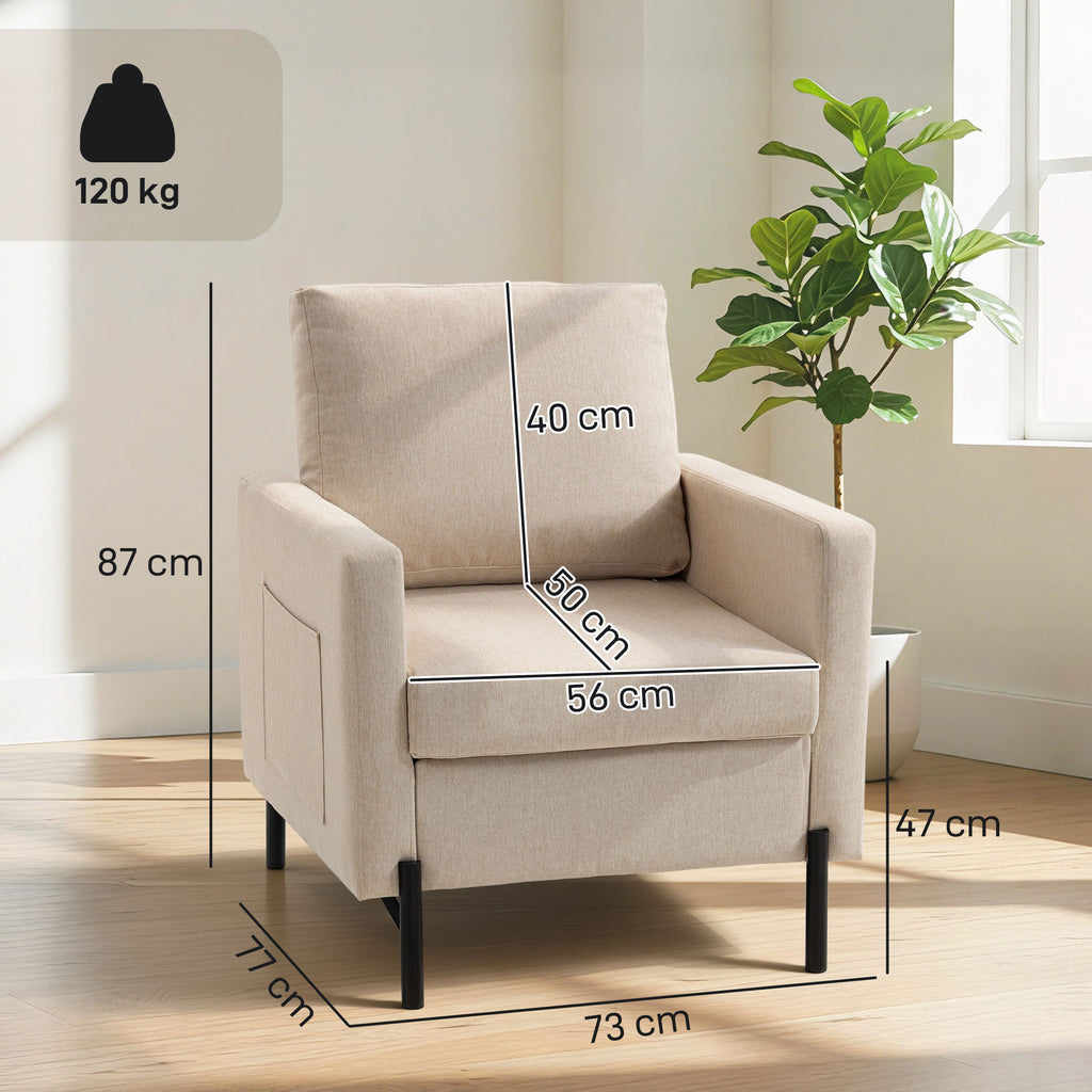 Fauteuil de salon, canapé 1 place rembourré avec accoudoirs, assise large et pieds en acier, 73 x 77 x 87 cm, beige-2