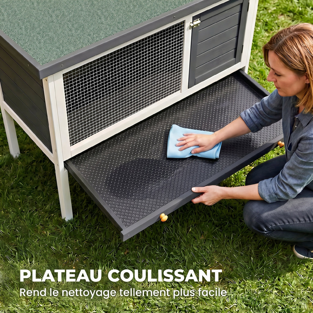 Clapier Lapin Extérieur en Bois, avec Toit Ouvrable en Asphalt et Plateau Coulissant, Design Surélevé, 90x45x65cm, Gris-5