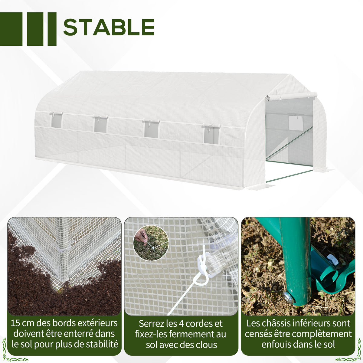 Serre Tunnel de Jardin 18 m² dim. 5,95L x 3l x 2H m Porte + 8 fenêtres enroulables Acier galvanisé bâche PE Haute densité Blanc-4