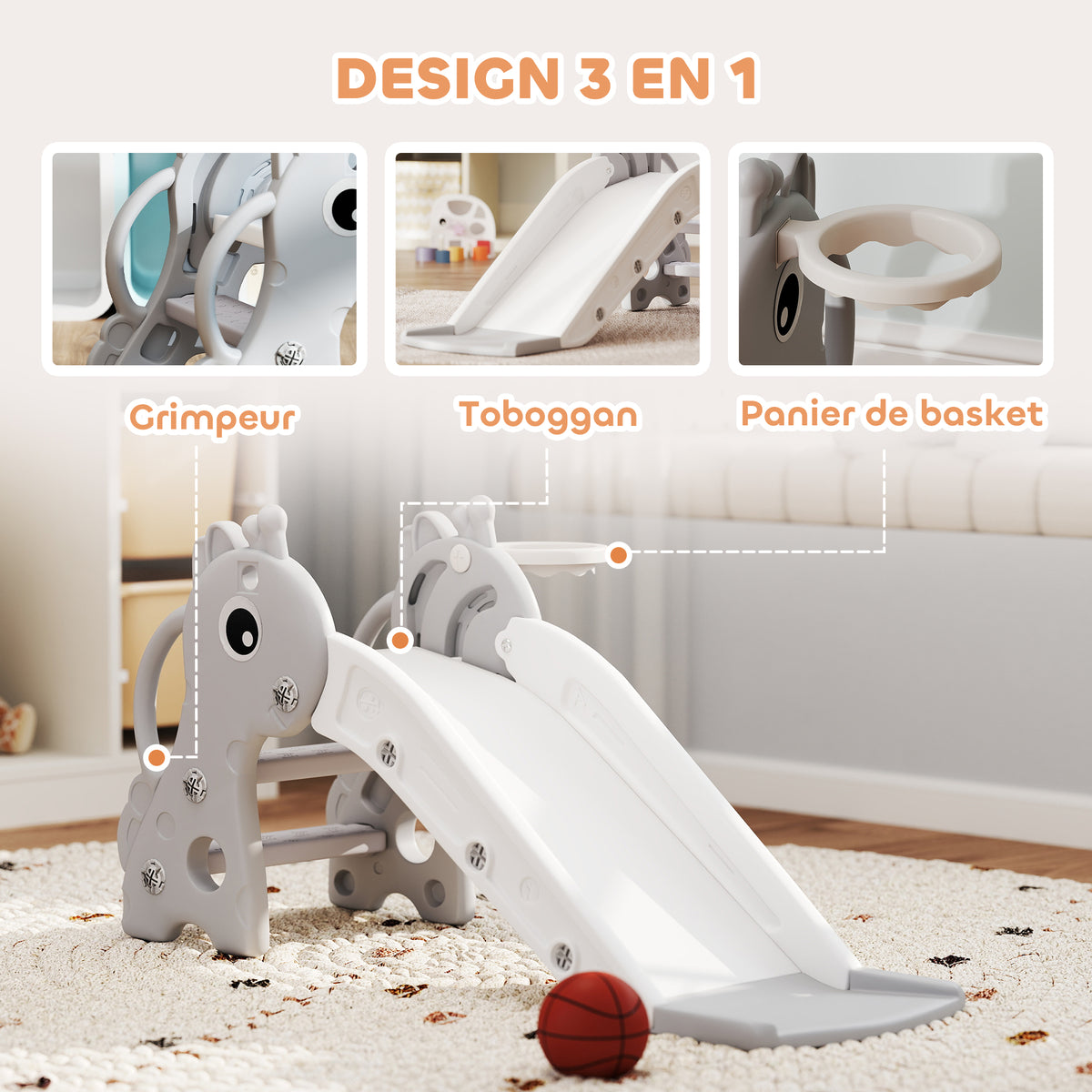 Toboggan pour enfants 3 en 1 en forme de girafe avec panier de basket, escalade et ballon, 106 x 51,5 x 52 cm, gris-3