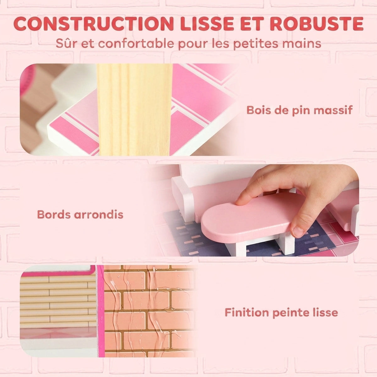 Maison de Poupée en Bois pour Enfants, Maison de Rêve Filles à 3 Étages avec Balcon, Escaliers et 10 Accessoires, Rose-6