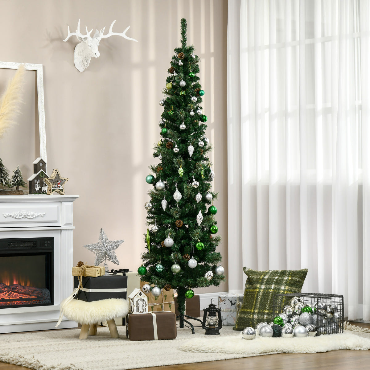 Sapin arbre de Noël artificiel 195 cm 556 branches avec 27 pommes de pin+ support pied pliable vert-1