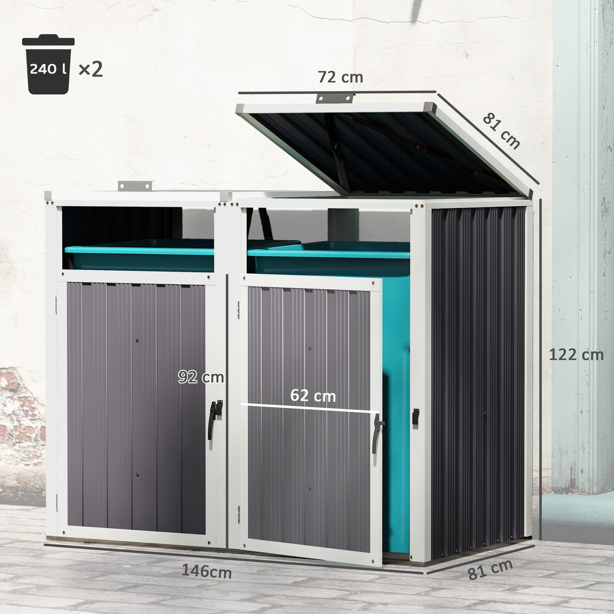 Abri pour 2 poubelles 240L cache poubelle extérieur couvercle relevable 180° acier galvanisé 146x81x122cm gris foncé-2