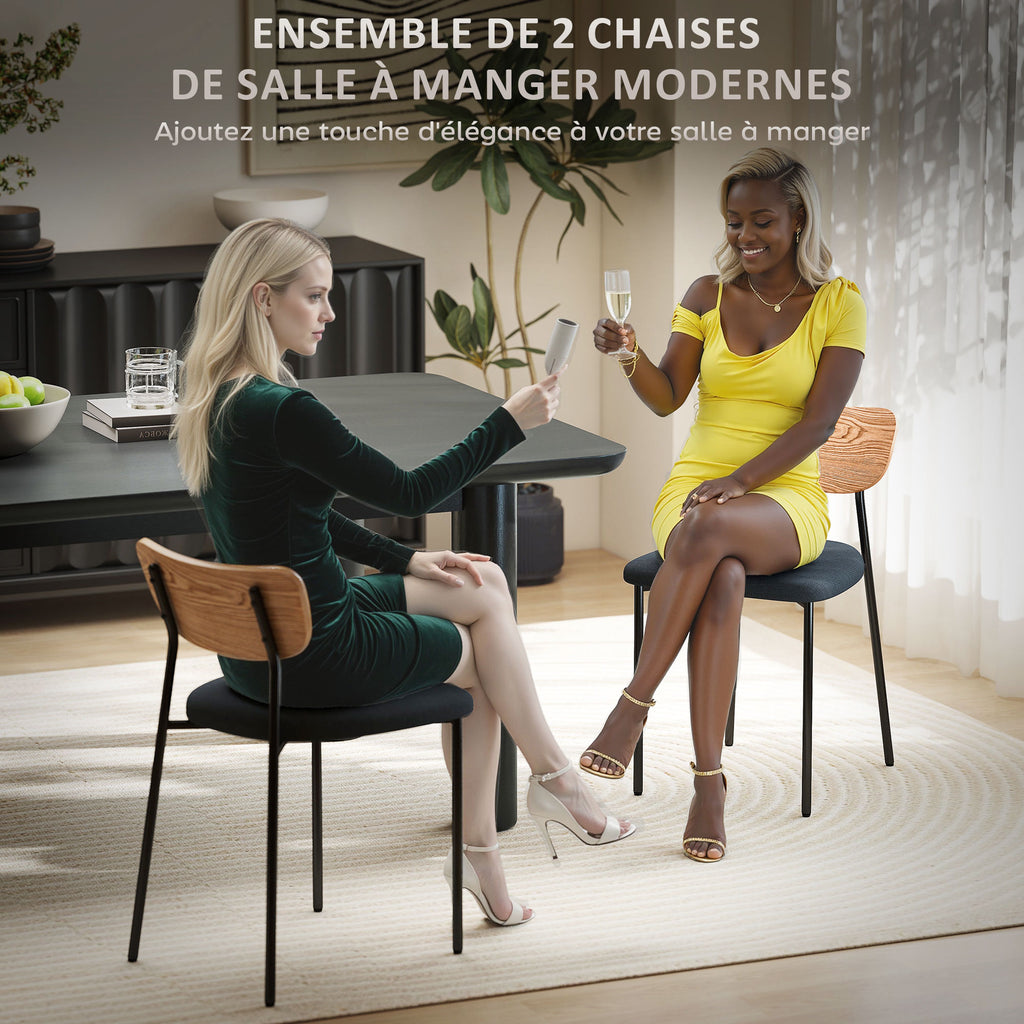 Lot de 2 chaises de salle à manger avec pieds en acier, dossier incurvé et assise rembourrée, gris et effet bois naturel-3
