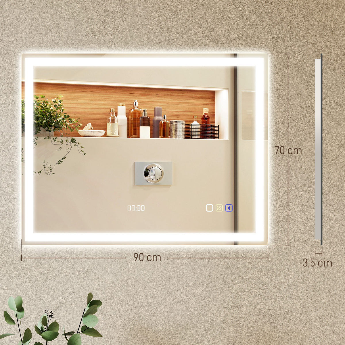Miroir salle de bain LED bluetooth 90 x 70 cm interrupteur tactile lumière réglable 3 couleurs anti-buée mémoire argent-2