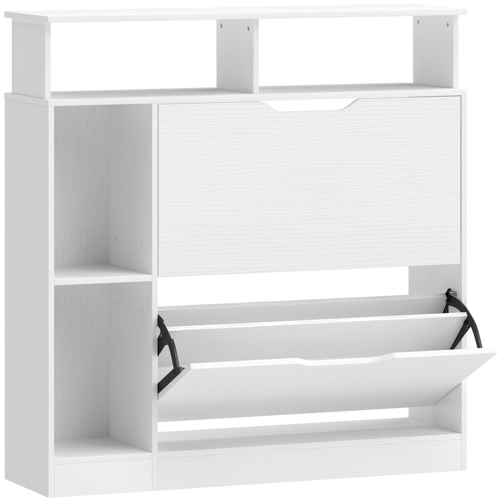 Meuble à chaussures, armoire à chaussures, 2 tiroirs rabattables, compartiments ouverts et étagère réglable, blanc-0