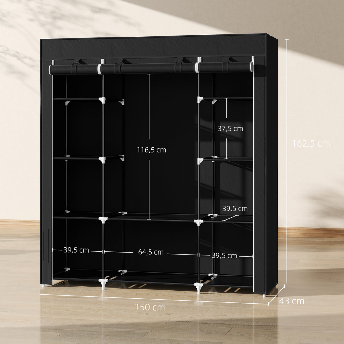 Armoire de rangement penderie en tissu pliable avec barre de suspension et étagères, 150 x 43 x 162,5 cm, noir-2