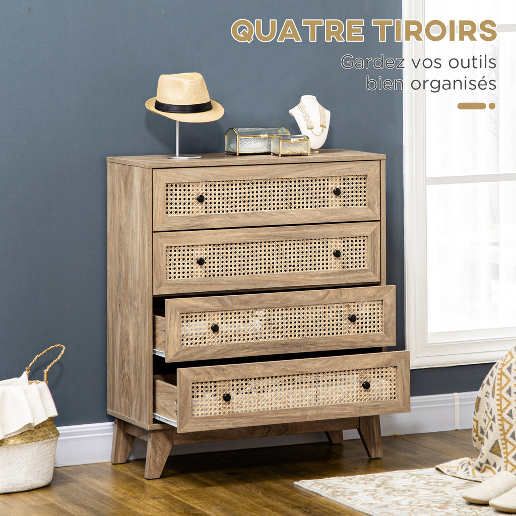 Commode 4 tiroirs meuble de rangement cannage en rotin aspect bois clair 80 x 35 x 95 cm-4