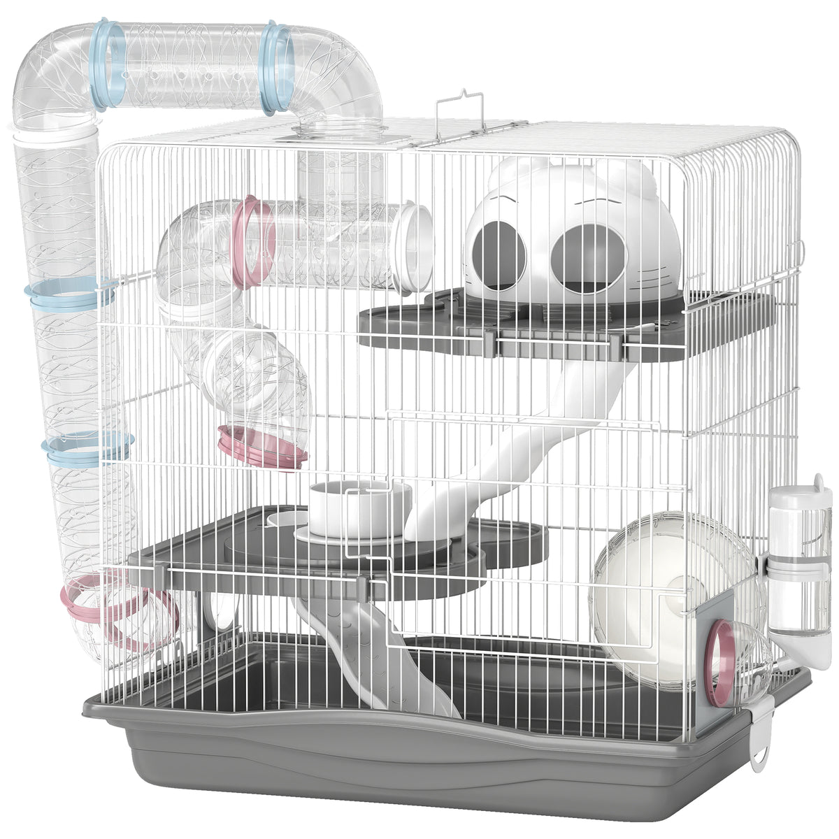 Cage hamster, cage rongeur à 3 niveaux, roue d'exercice, tunnel, gamelle, niche et rampe d'accès, 45 x 30 x 45 cm, gris-0