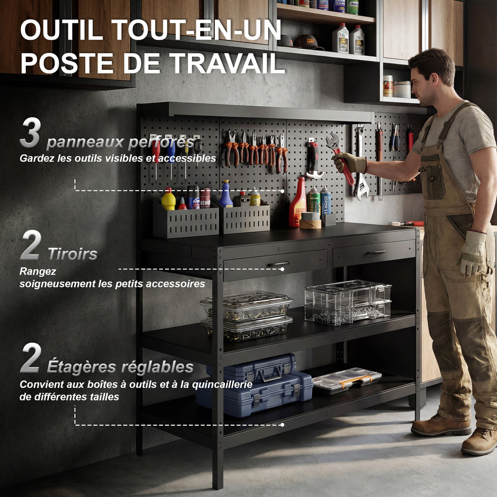 Établi d'Atelier, Charge Max. 272 kg, 122x61x156 cm, Panneau Perforé, 2 Tiroirs et 2 Étagères Réglables, Noir-3