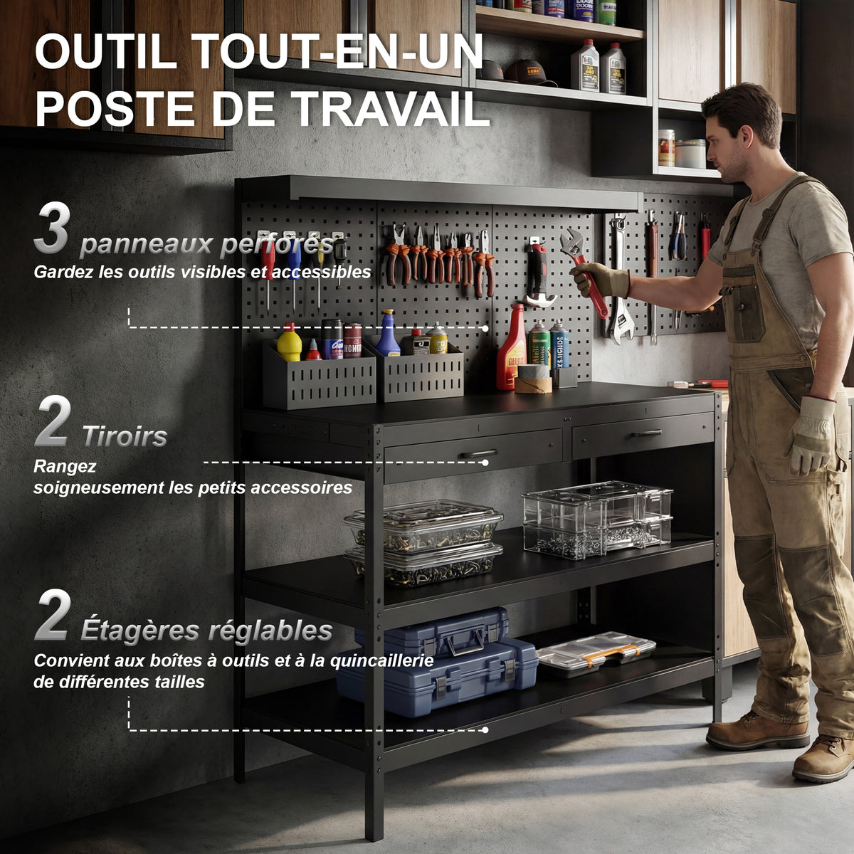 Établi d'Atelier, Charge Max. 272 kg, 122x61x156 cm, Panneau Perforé, 2 Tiroirs et 2 Étagères Réglables, Noir-3