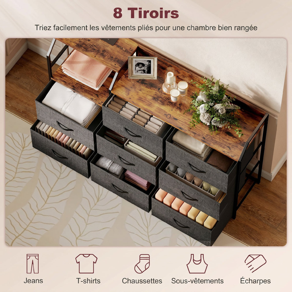 Commode, meuble de rangement avec station de recharge, 8 tiroirs en tissu, étagère ouverte, 130,5x30x88cm, marron-4