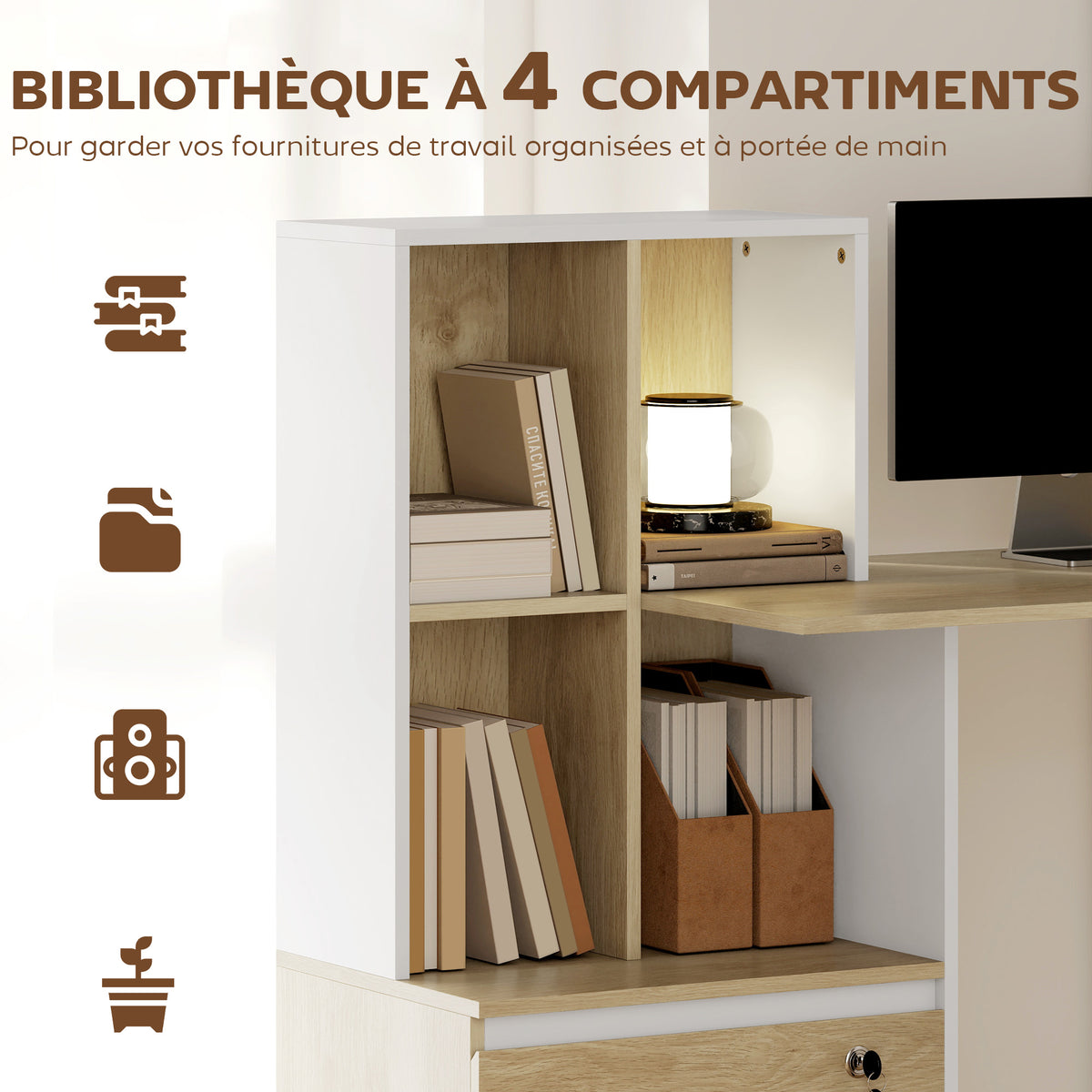 Bureau d'ordinateur avec bibliothèque 4 compartiments et tiroir verrouillable, 126 x 50 x 109 cm, chêne et blanc-3