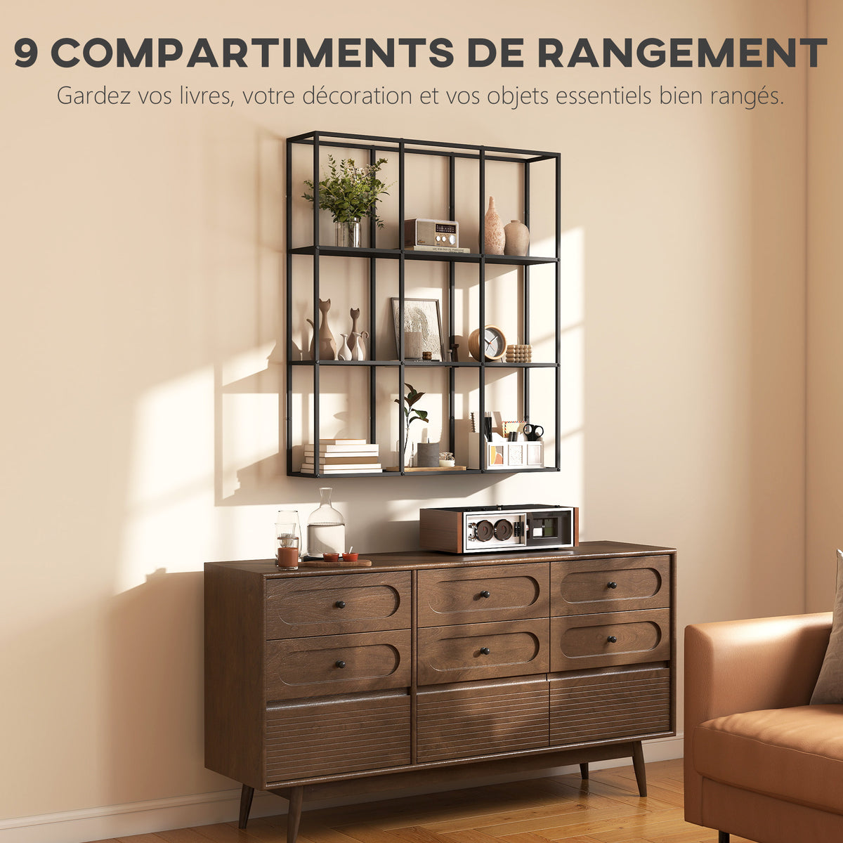 Étagère Murale Industrielle 9 Compartiments, Étagère Modulaire en Métal pour Objets de Collection, 87,5x18x100cm Noir-5