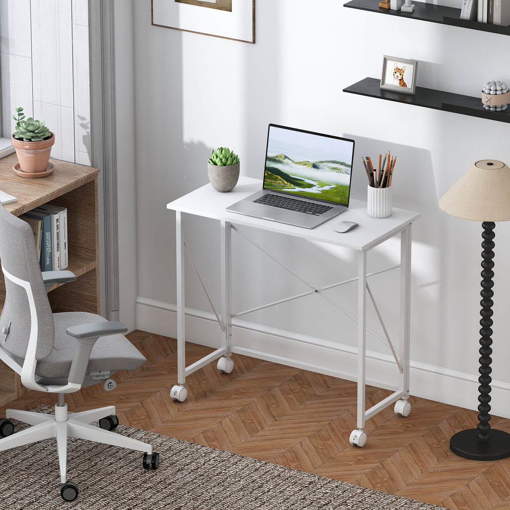 Bureau pliant table d'ordinateur 80 x 40 cm sur roulettes pour bureau à domicile, chambre, petits espaces, blanc-8