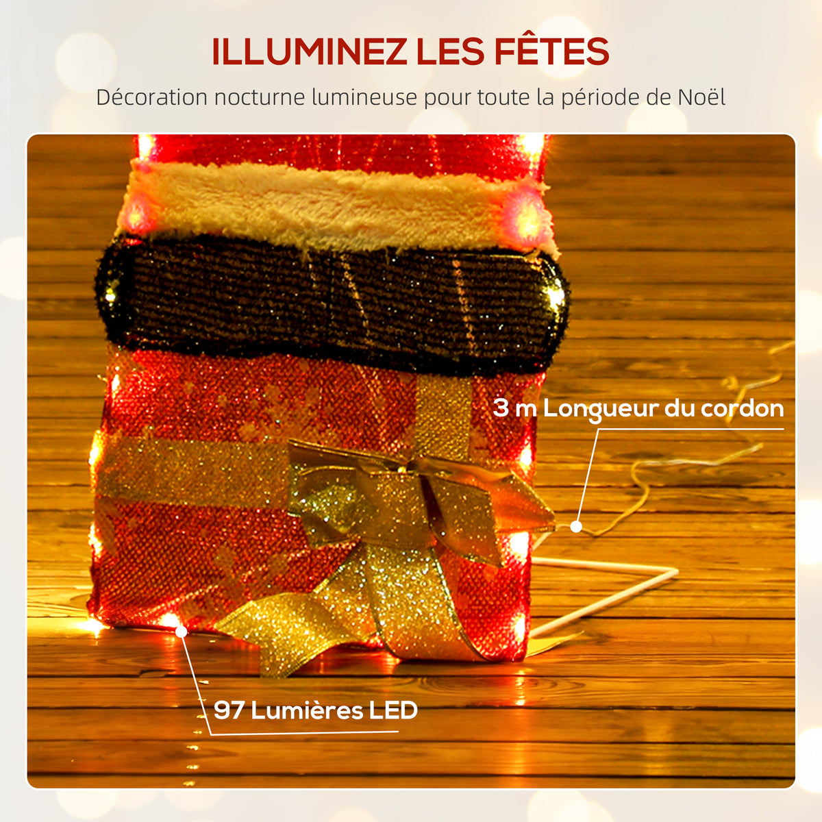 Père Noël lumineux de 90 cm avec 97 LED blanc chaud, décoration de Noël pour intérieur et extérieur-4
