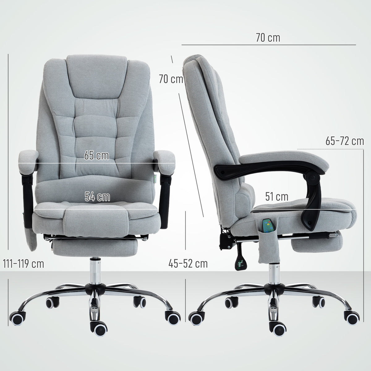 Fauteuil de bureau massant et chauffant, chaise de bureau, hauteur réglable, dossier inclinable, 65x70x111-119cm, gris-2