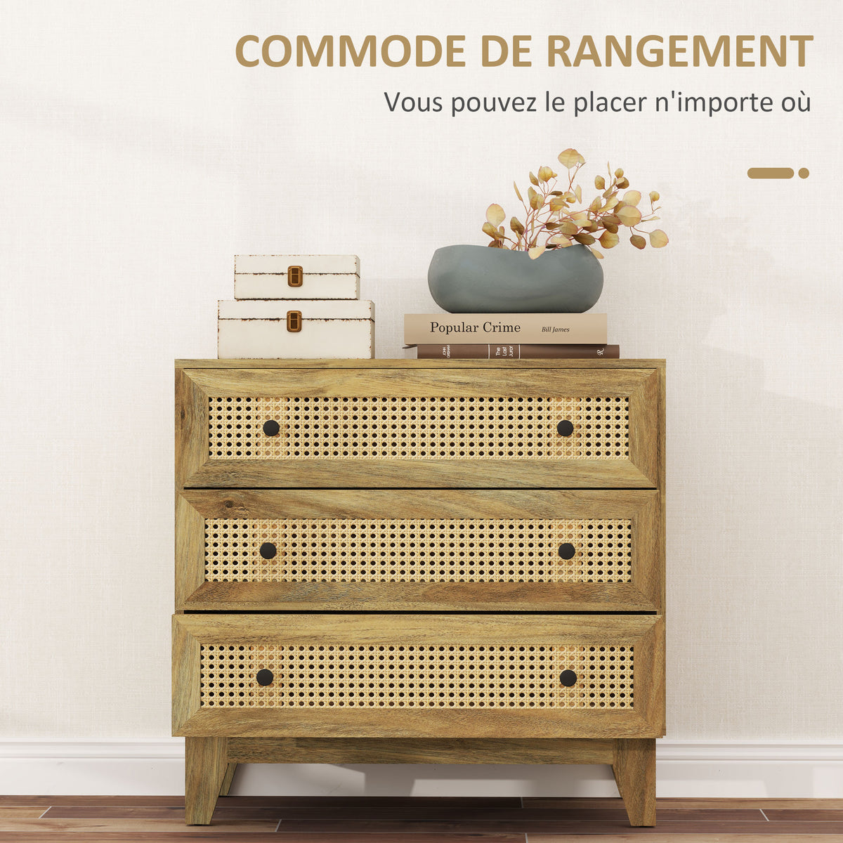 Commode 3 tiroirs meuble de rangement cannage en rotin aspect bois clair 80 x 35 x 76 cm-3