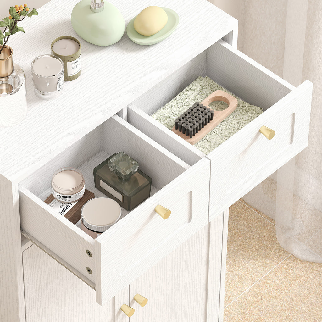Meuble de salle de bain meuble de rangement avec 2 tiroirs double porte arquée étagères réglables 60x30x108cm blanc-8