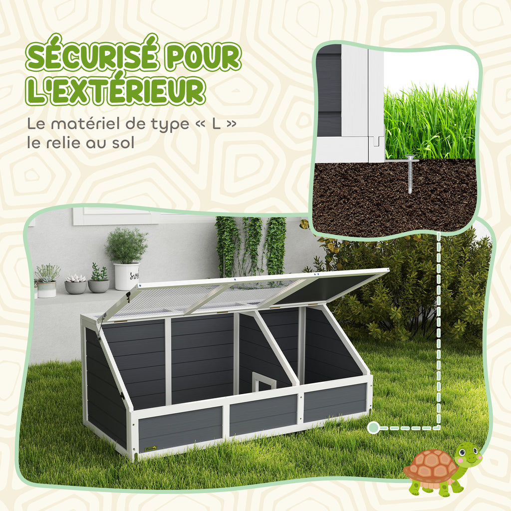 Maison enclos cage pour petit animal tortue en bois avec couvercle ouvrable, loquets, 2 espaces distincts, gris-3