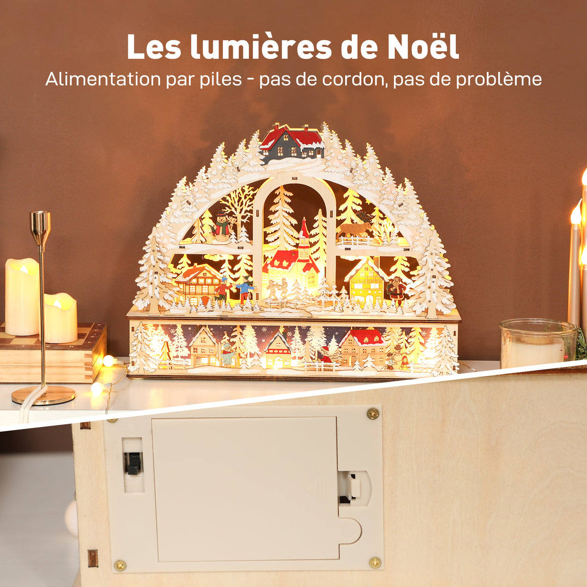 Village de Noël lumineux avec 20 LED, village de Noël animé en arc, fonctionne sur piles, 45 x 10 x 35 cm, bois naturel-4