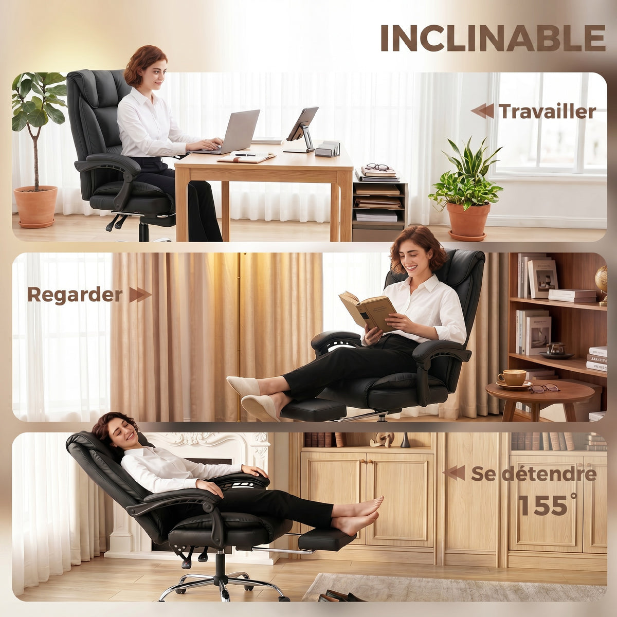 Chaise de bureau ergonomique, fauteuil de bureau inclinable avec repose-pieds, hauteur réglable, pivotante 360°, noir-3