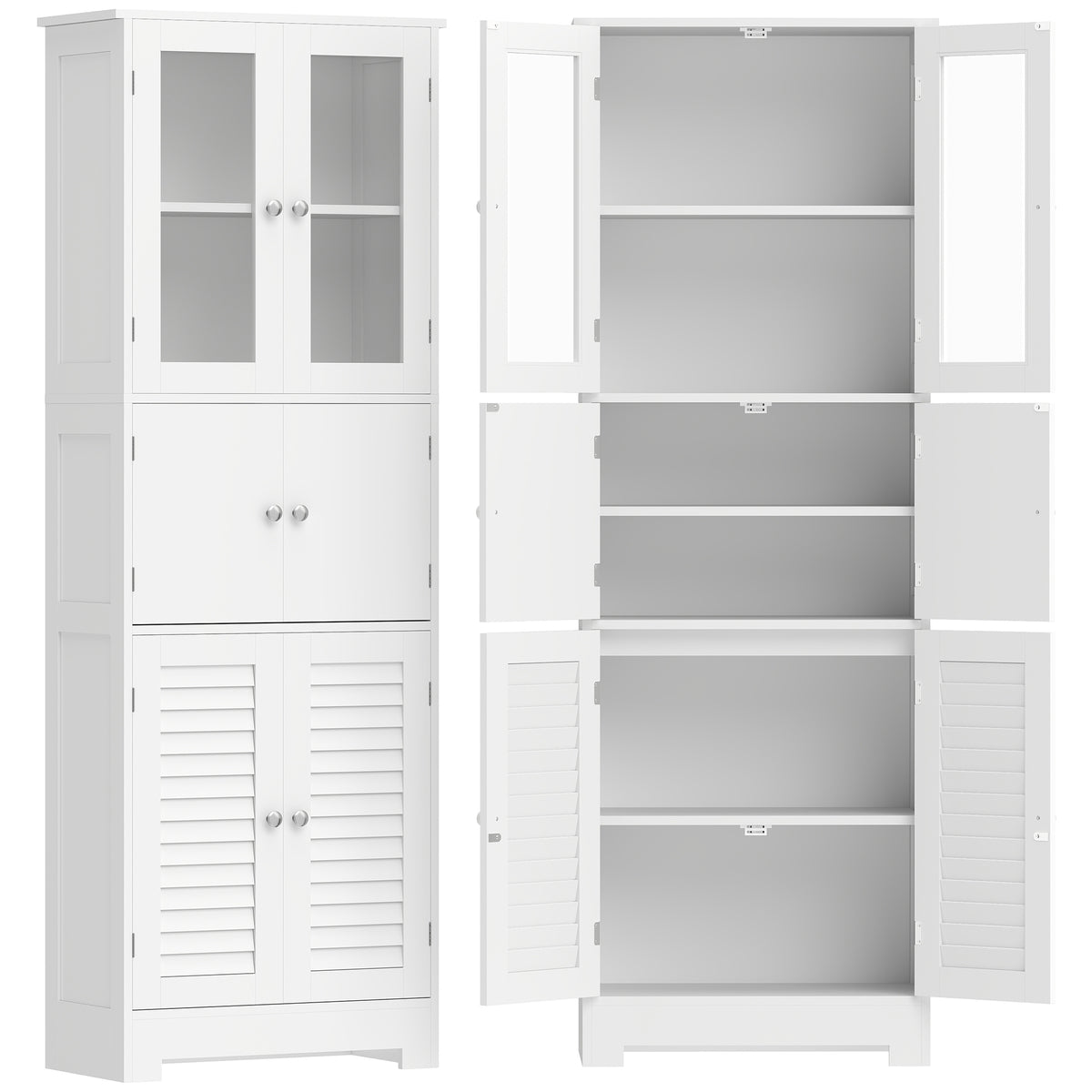 Meuble de salle de bain haut, meuble de rangement avec 6 portes dont 2 vitrées et 2 persiennes, étagère réglable, blanc-0