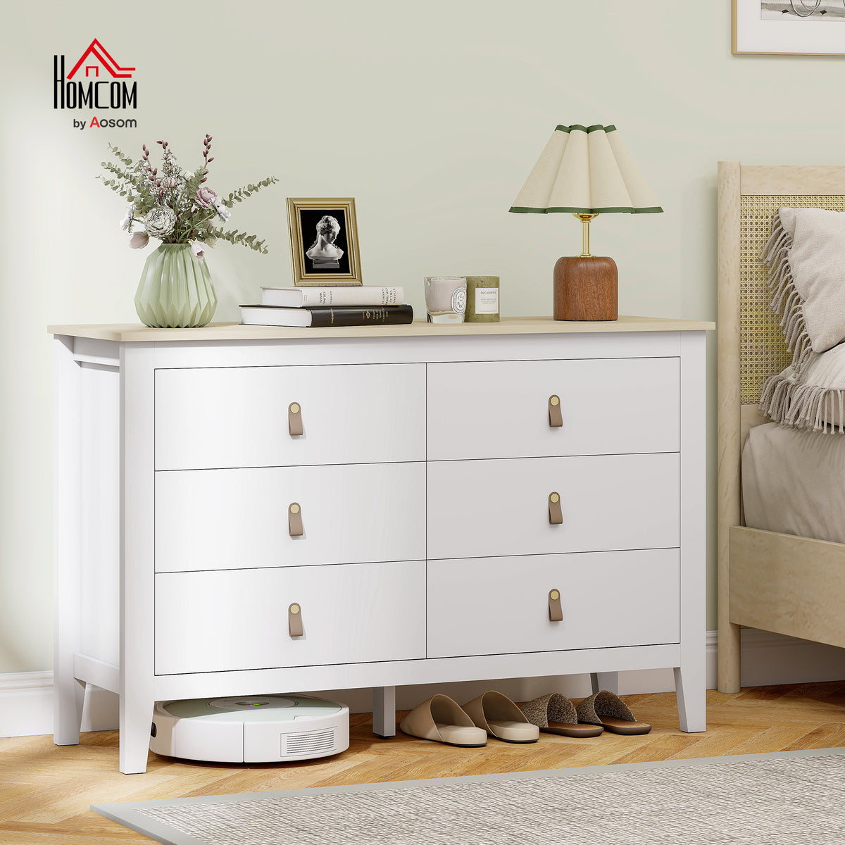 Commode 6 tiroirs meuble de rangement style contemporain avec poignées en polyuréthane, 120 x 40 x 78 cm, blanc-1