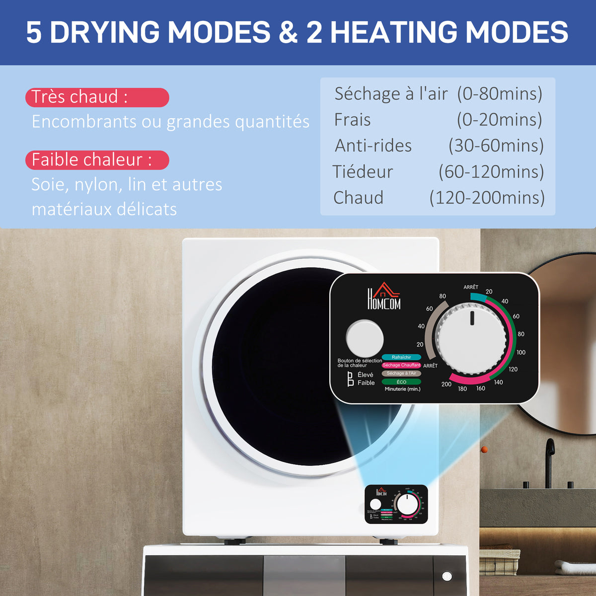 Sèche-Linge électrique portable 850W, capacité 33L 4 modes de fonctionnement, acier inoxydable, 49L x 40,5l x 60H cm-3