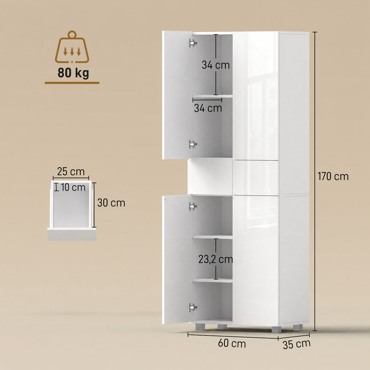 Armoire de cuisine meuble de rangement buffet 4 portes avec étagères réglables - dim. 60L x 35l x 170H cm blanc laqué-2