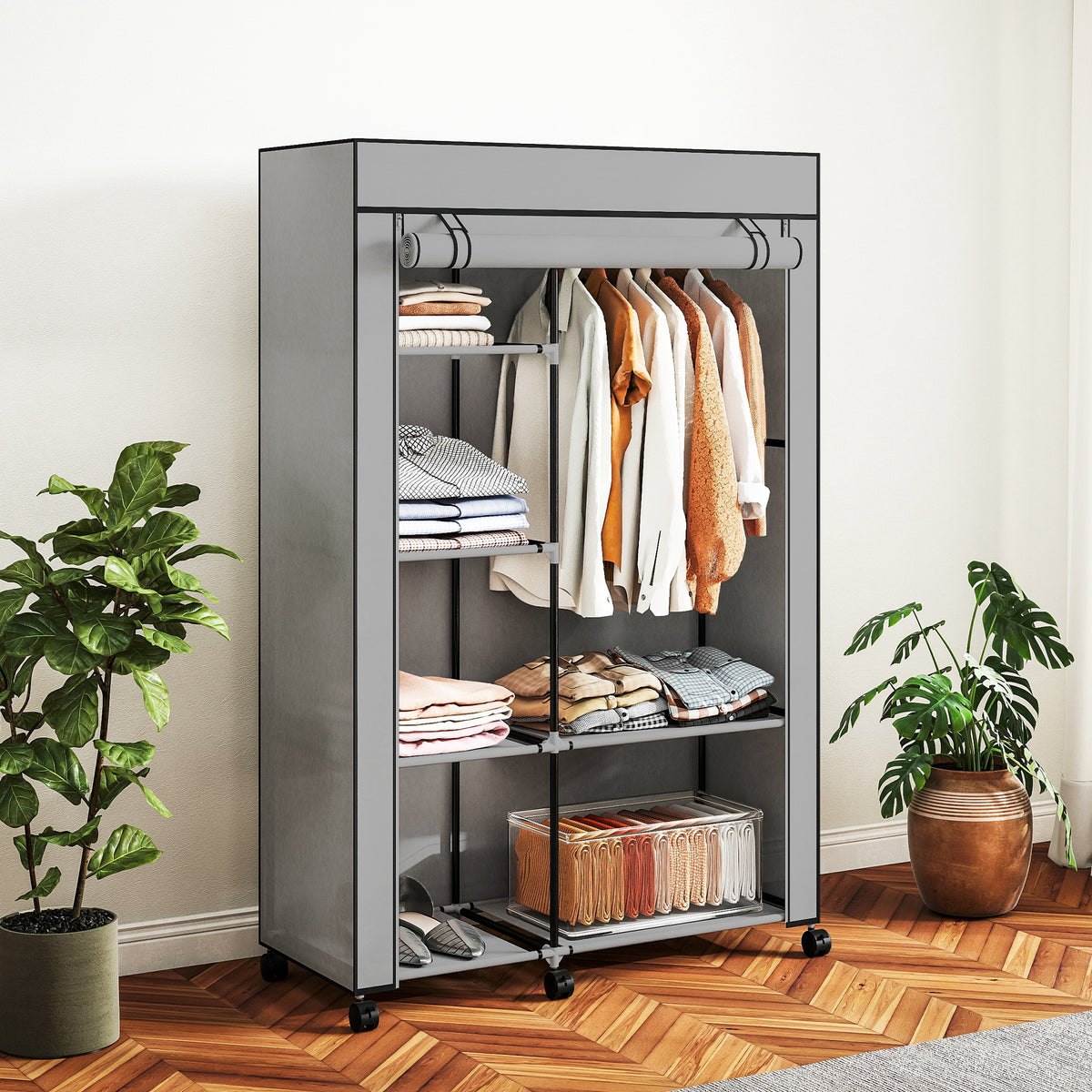 Armoire penderie en tissu meuble de rangement 6 roulettes tringle à vêtements et étagères ouvertes 103x43x162,5cm gris-1