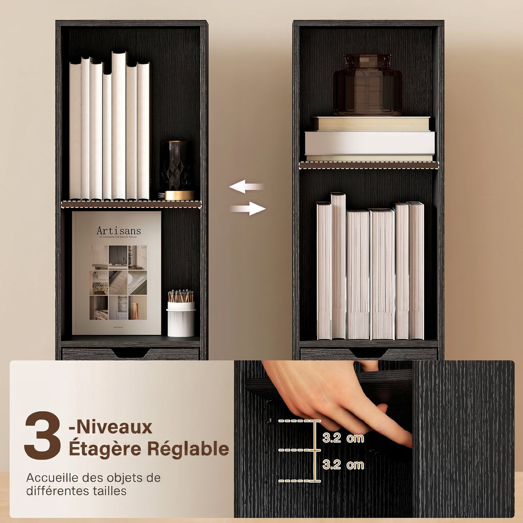 Bibliothèque, étagère à livres, meuble de rangement avec tiroir placard compartiments ouvertes, 30 x 24 x 158 cm, noir-4