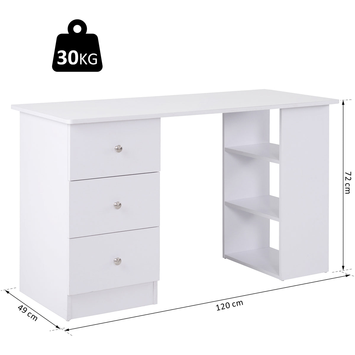 Bureau informatique multimédia multi-rangements 3 tiroirs 2 étagères 120L x 49l x 72H cm blanc-2