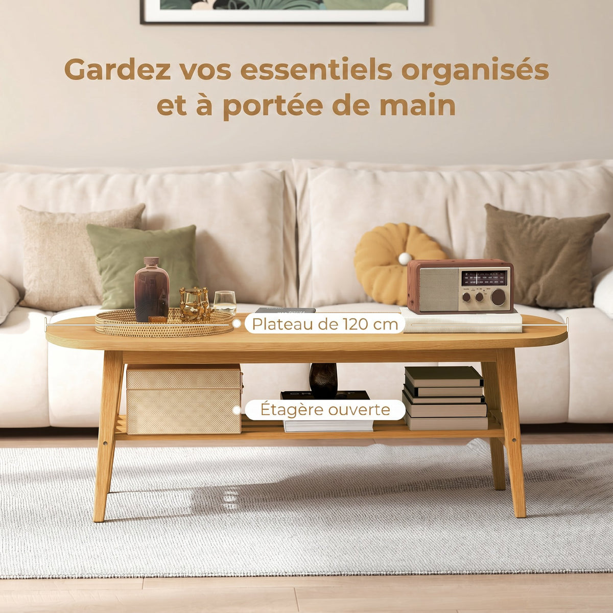 Table Basse à 2 Niveaux, Table de Salon Moderne avec Étagère Inférieure Ouverte et Pieds en Bois d'Hévéa, Bois Naturel-3