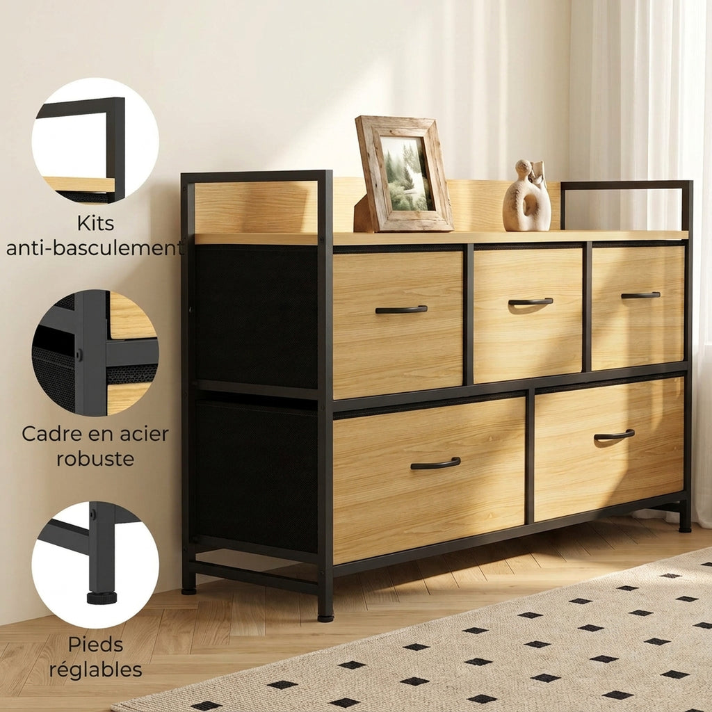 Commode, meuble de rangement avec 5 tiroirs en tissu pliables, plateau et cadre en acier, 98 x 29 x 63 cm, chêne-6