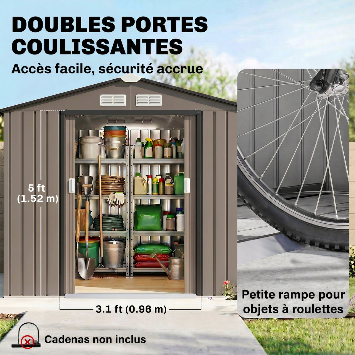 Abri de Jardin 2,77 m² cabane de jardin armoire de jardin Dim. 213L x 130l x 185H cm Porte coulissante Acier marron-4