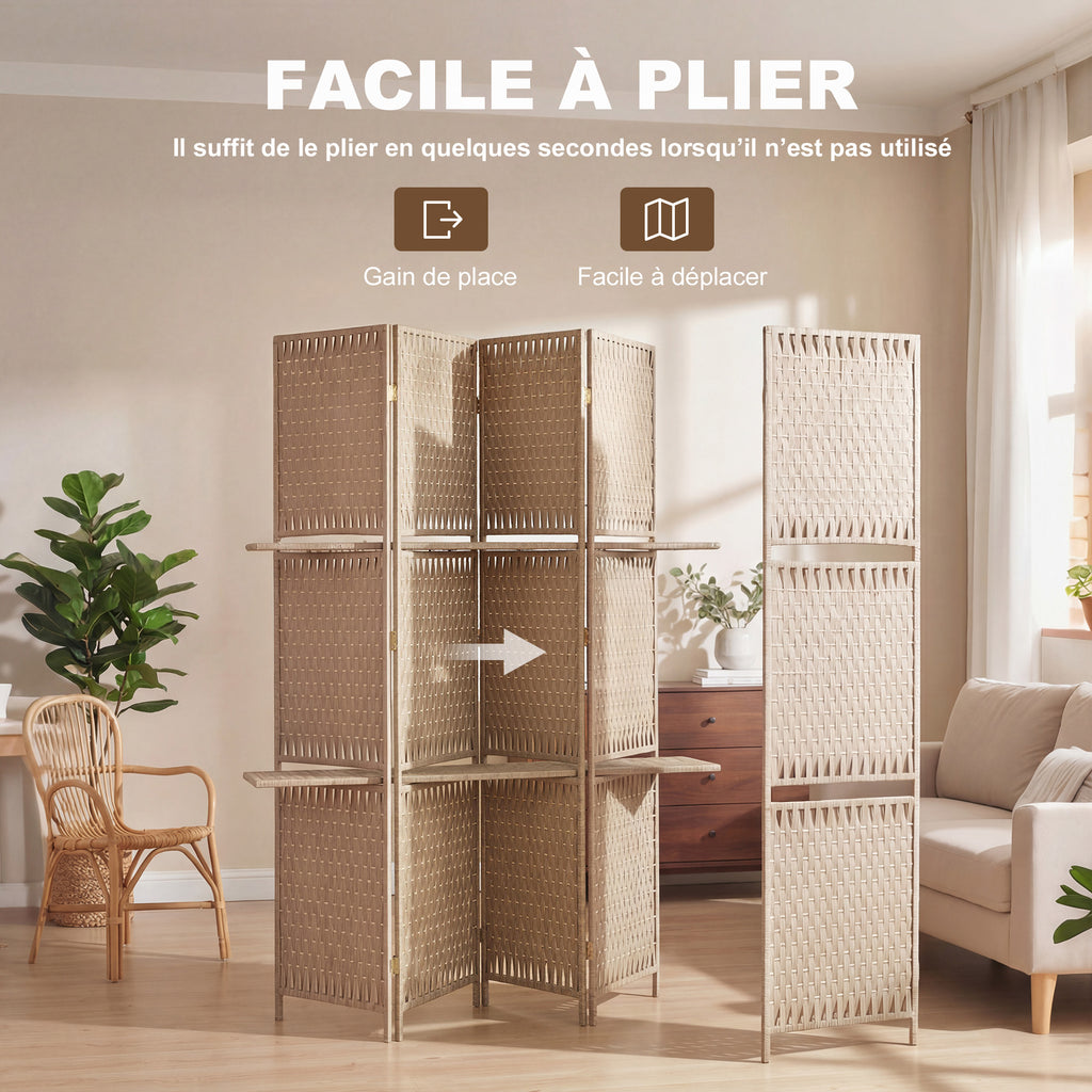 Séparateur de pièces 4 panneaux 2 étagères pliables naturel paille-3
