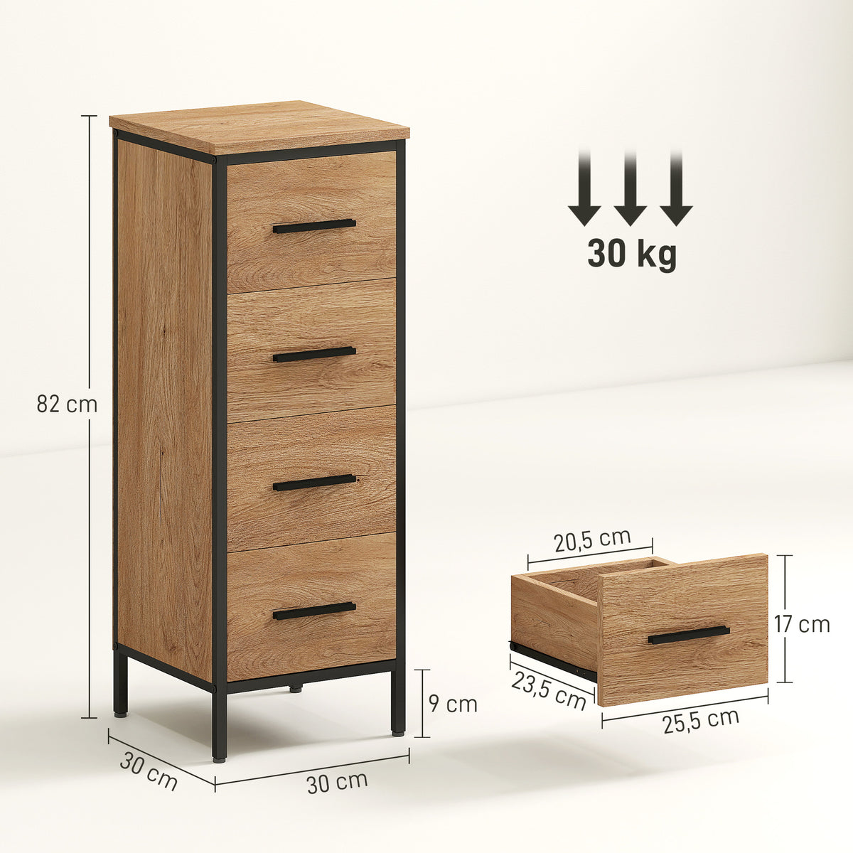 Meuble de salle de bain étroit avec 4 tiroirs et structure en acier, 30 x 30 x 82 cm, chêne-2