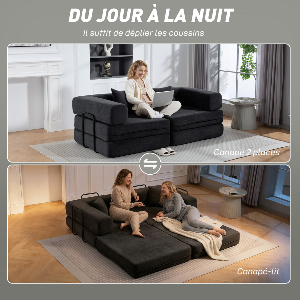 Canapé Convertible 2 Places, Canapé-Lit en Chenille 198 cm, Assise et Accoudoirs Larges, 2 Coussins, Gris Foncé-3
